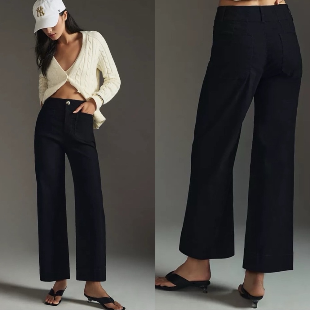 ANTHROPOLOGIE Maeve The Colette Black Linen Wide Leg Crop Pants Trousers - Picture 3 of 11